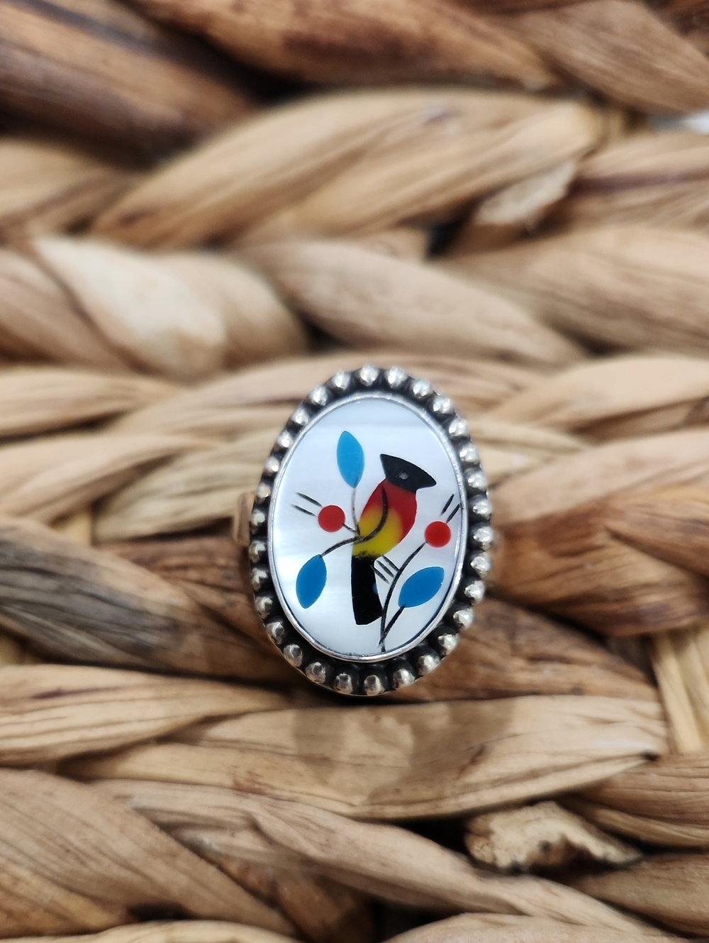 Handmade Sterling Silver Mother Of Pearl Inlay Bird Ring